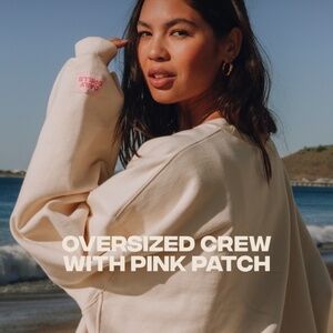 Daily Drills Cream Oversized Crew with Pink Patch